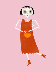 Funny Halloween Print With Lady Skeleton. Halloween Hand Drawn Vector Illustration with Cute Skeleton in Red Dress and Floral Wreath on a Pink Background. Dia de los Muertos - Day of the Dead. 