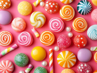 Obraz premium Colorful lollipops and different colored round candy. candy colorful background. 