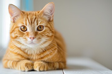A close-up of a curious orange cat lounging comfortably on a white surface, showcasing its striking green eyes and soft fur.