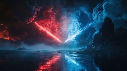 Fototapeta premium Futuristic Landscape with Red and Blue Beams of Light