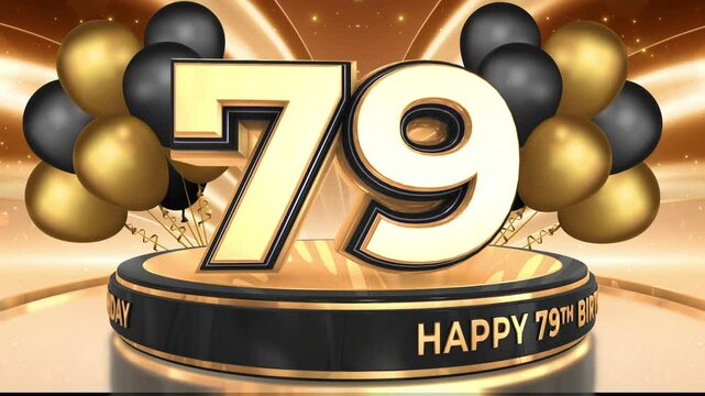79 years, 79th birthday loop, looped video background, backdrop in 3D Gold with balloons
