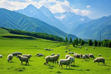 Obraz premium Herd of sheep grazing landscape grassland livestock.