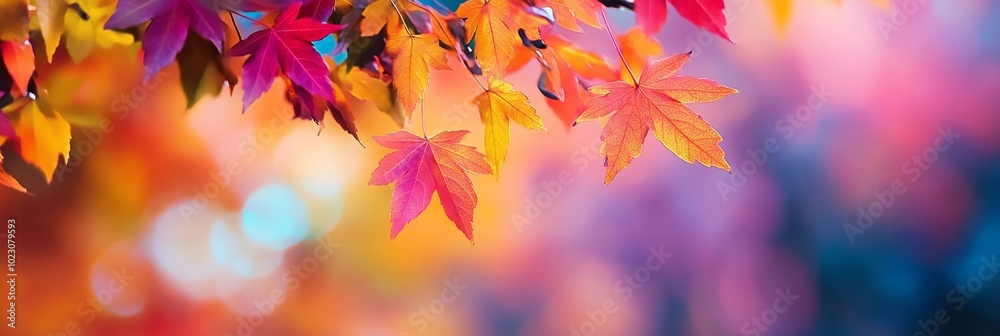 Canvas Prints Vibrant Autumn Leaves with a Blurred Background, capturing the beauty of fall foliage with its warm colors and soft, out-of-focus backdrop.  The image evokes a sense of tranquility and the changing se