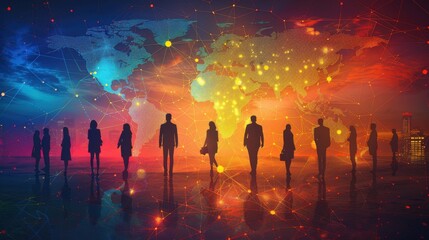 Silhouettes of people standing in front of a world map with a network of lines connecting various cities.