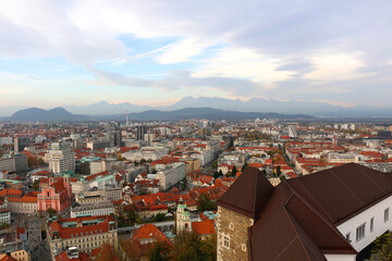 Aerial view of central Ljubljana, capital of  Slovenia, from Ljubljana Castle. Autumn in the...