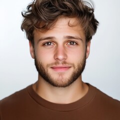 Obraz premium A confident young man with tousled hair and a warm smile, capturing a moment of genuine charm against a soft backdrop.