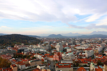 Aerial view of central Ljubljana, capital of  Slovenia, from Ljubljana Castle. Autumn in the picturesque city.