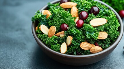 Close-up of a fresh kale salad in a bowl with almonds and cranberries, showcasing a healthy and colorful dish.