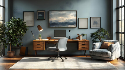 Cozy home office with modern furniture and natural light.