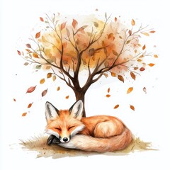 Fototapeta premium A serene illustration of a sleeping fox curled up beneath a colorful autumn tree shedding its leaves.
