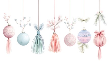 A boho Christmas ornament clipart featuring tassels and beads, illustrated in soft pastel watercolor tones, delicately hanging and isolated on a white background. 