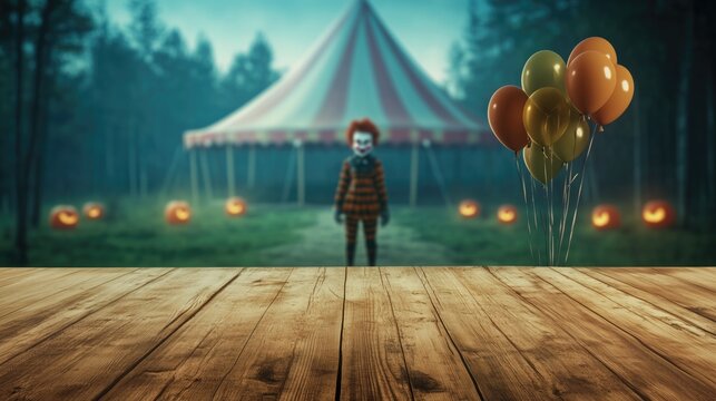 worn wooden table over a creepy clown standing in front of an abandoned circus tent with balloons and glowing pumpkins on a misty night, copy space