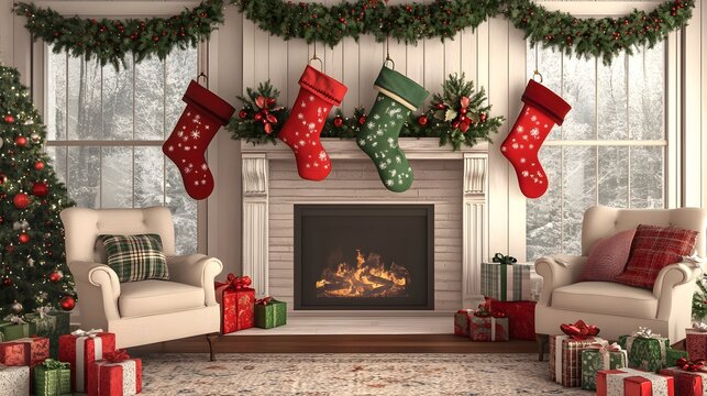 A cozy Christmas backdrop featuring colorful stockings hung with care, adorned with festive decorations like ornaments and garlands, creating a warm holiday atmosphere. 