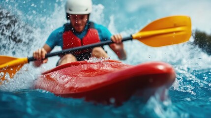 Naklejka premium A dynamic action shot of a man kayaking through splashing water, showcasing the thrill of adventure sports in nature.