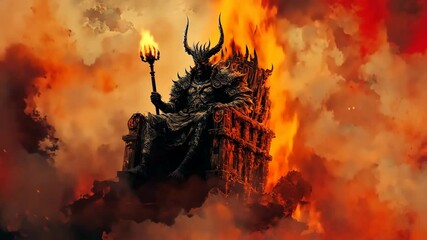 A dark figure sits on a fiery throne in a sea of smoke and flames - Powered by Adobe