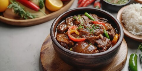 A delicious bowl of hearty stew with vibrant vegetables and herbs, ideal for a comforting meal or culinary inspiration.