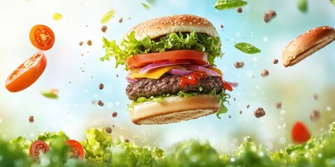 A delicious floating hamburger garnished with fresh lettuce, tomato, and cheese, captured against a vibrant nature backdrop.