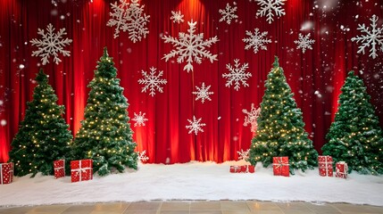A winter wonderland backdrop featuring a vibrant red and green color scheme, adorned with snowflakes, evergreen trees, and holiday decorations, creating a classic and festive holiday atmosphere. 