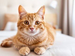 Fototapeta premium A fluffy orange cat relaxing on a cozy bed, showcasing its beautiful fur and curious expression in a serene indoor setting.
