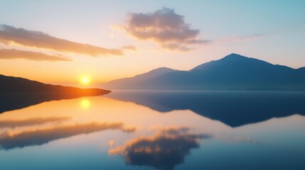 Obraz premium Mountain with sunset sky and reflection on water ocean