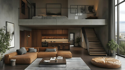 Modern loft interior with open spaces and stylish furnishings.