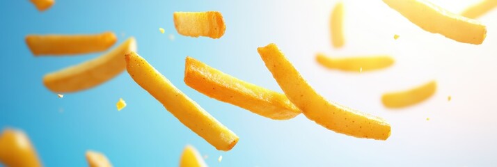 Fototapeta premium A dynamic image of crispy fries falling against a bright blue background, capturing the essence of delicious fast food.