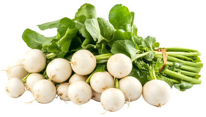 a bunch of fresh green leafy vegetables, specifically turnips. The turnips are round and white in color, with a slightly wrinkled texture. 