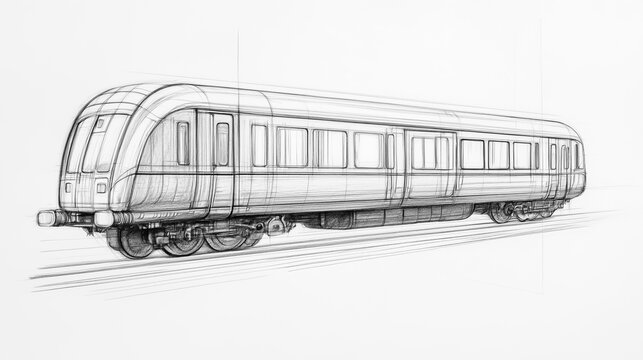 recommend clip art: Pencil sketch of a passenger train car, capturing its elongated design and key features such as windows, doors, and the undercarriage.