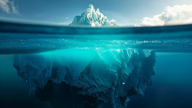 A massive iceberg floats in the ocean, with only a small portion visible above the waterline