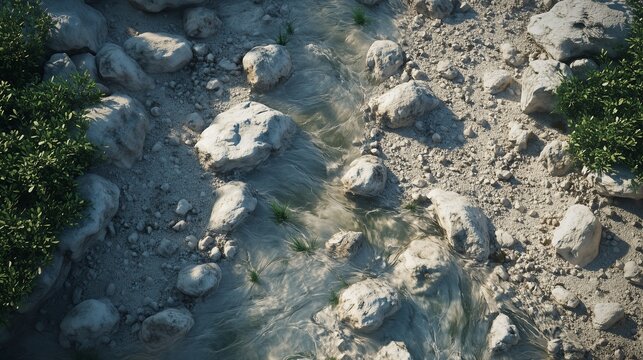 Aerial view of meander river fload with rocks