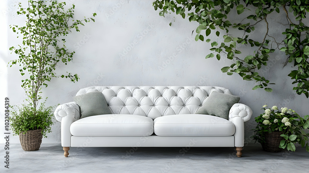 Wall mural A stylish white sofa with greenery in a minimalist setting.