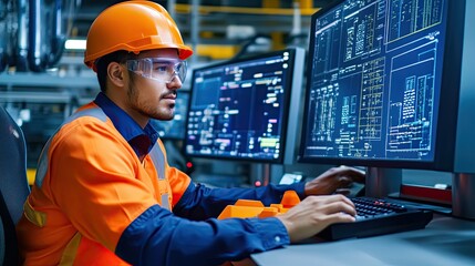 A focused worker in safety gear analyzes data on multiple screens in a modern industrial environment.