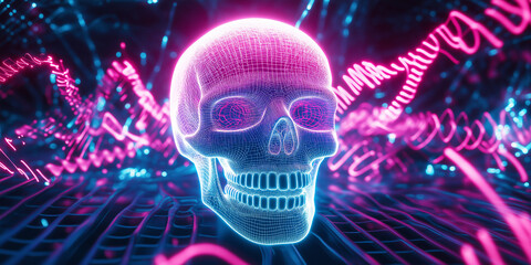A glowing skull with neon blue and pink aura lights, surrounded by pulsing soundwave distortions
