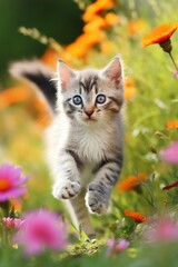 Fototapeta premium Ai generated cute kitty kitten cat on the grass with flower, selective bokeh focus 