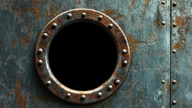 A rusty metal door with a round porthole and rivets