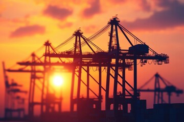 Obraz premium Silhouetted Cranes at Sunset Port Industry Cargo Handling Logistics Shipping Global