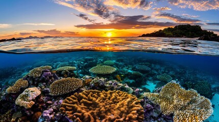 Naklejka premium Vibrant Coral Reef at Sunset Over Calm Waters