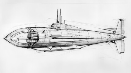 Obraz premium Pencil sketch of a submarine, showcasing its streamlined design with detailed elements such as the conning tower, torpedo tubes, and propeller.