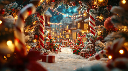 whimsical Christmas village scene, with candy canes and toys, evokes sense of childhood wonder.