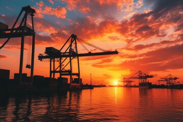 Obraz premium Silhouetted Cargo Cranes at Sunset over Harbor Water