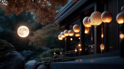 Obraz premium Serene outdoor scene with bright full moon and glowing lanterns illuminating a tranquil night setting amidst lush foliage and rocks
