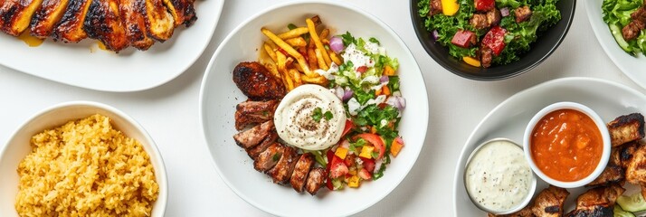 A vibrant spread of delicious grilled chicken, fresh salads, and savory sides, perfect for a hearty meal.