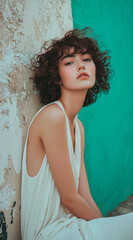 Fototapeta premium patel color photo, A short curly hair supermodel with few bangs hairs, cover of a magazine style photo. romantic atmosphere, minimal street background