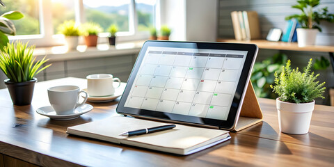 Close-Up of a Glossy Desktop Featuring a Marketing Calendar, Digital Tools, and Tablet: Ideal Workspace for Marketing Officers with Emphasis on Organization and Planning