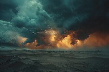 Thunderstorms raged across the vast desert. Lightning struck in a terrifying storm.