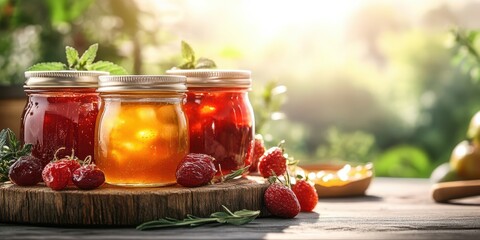 Bright jars of homemade jam surrounded by fresh fruit, showcasing vibrant colors and natural textures in a sunny setting.