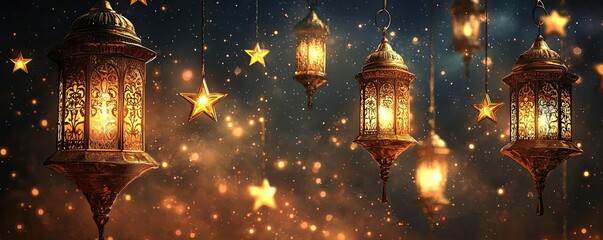 Fototapeta premium Beautiful night scene featuring traditional lanterns glowing amidst stars and twinkling lights, creating a magical atmosphere.