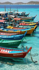 Obraz premium Colorful fishing boats anchored in clear lagoon background for invitation or card screensaver