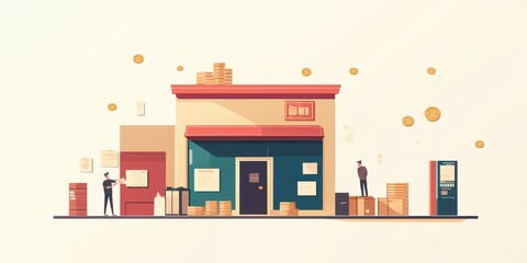 Colorful illustration of a store with workers and boxes, representing commerce and logistics in a vibrant, modern style.