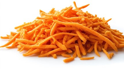 Fototapeta premium Close-up of a pile of shredded orange cheese on a white background